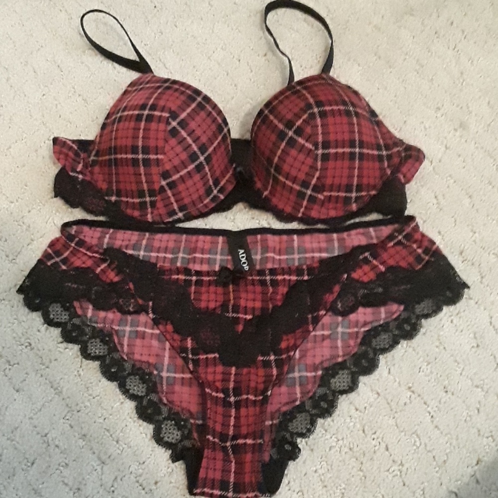 Red plaid with lace detail bra and panty set